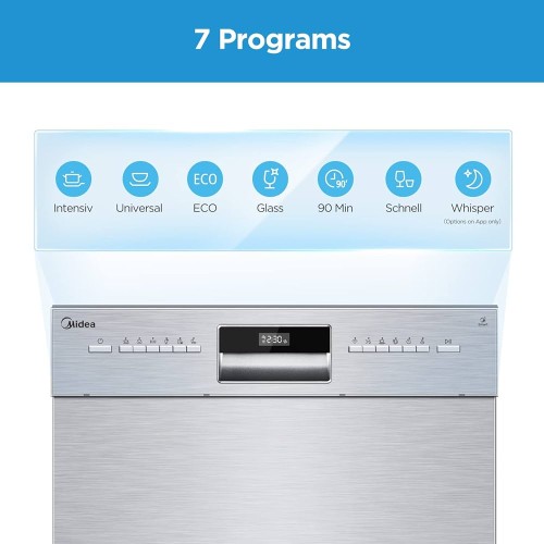 Midea 14 Seturi, MDWEU1435XSS-W WiFi, Clasa E – Mașină de spălat vase semi-încorporabilă, inox, import Germania 🇩🇪