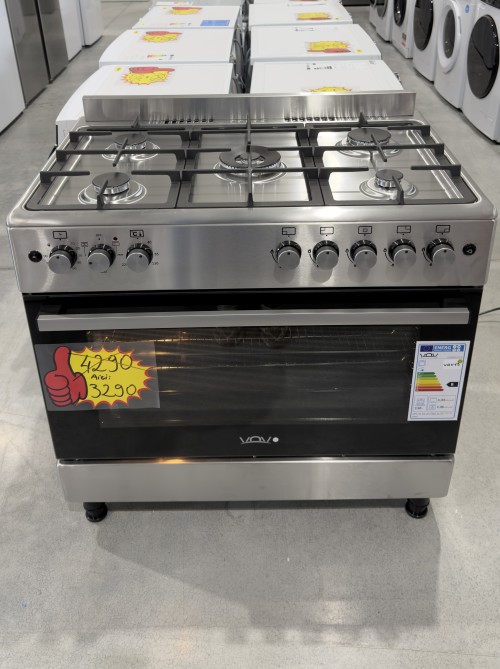 VOV 110L, VCF9060EF-26-HI – Aragaz 90 cm, 5 arzătoare gaz + cuptor electric ventilat dublu, rotisor, Clasa B, inox, import Slovacia 🇸🇰