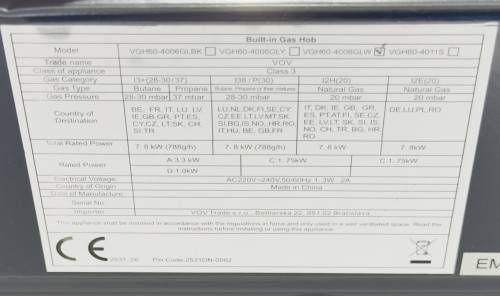 VOV 60 cm, VGH60-4006GLW – Plită pe gaz 4 arzătoare, sticla albă , WOK 3.3 kW, import Slovacia 🇸🇰