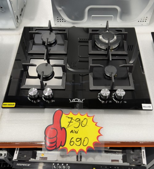 VOV 60 cm, VGH60-4006GLBK – Plită pe gaz sticlă neagră, 4 arzătoare, WOK 3.3 kW, import Slovacia 🇸🇰