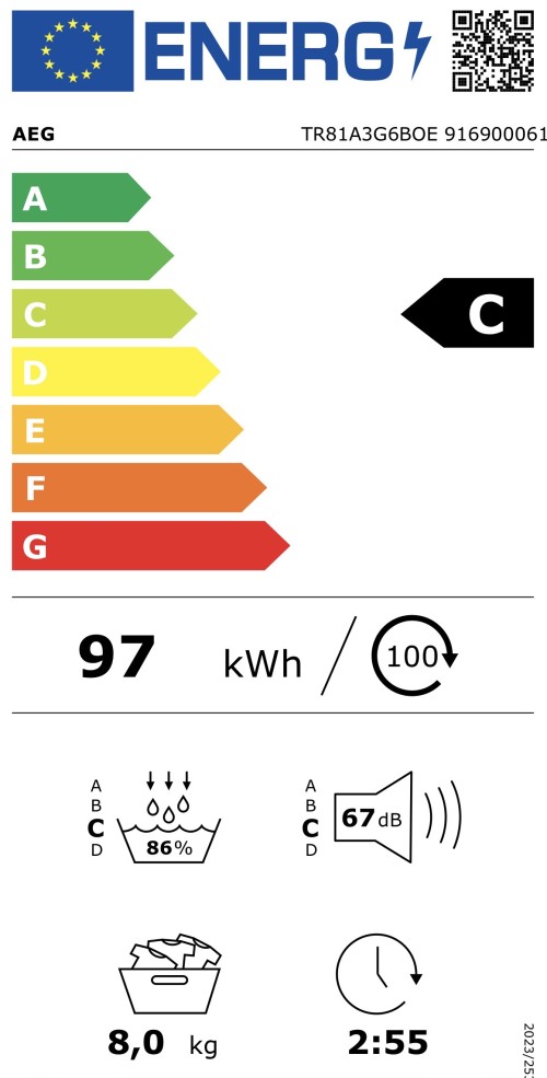 AEG 8 KG, TR81A3G6BOE – Uscător rufe cu pompă de căldură Clasa C, AbsoluteCare, MixDry, import Franța 🇫🇷