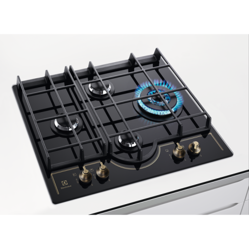 Electrolux 60 cm, GPE363RBK (949 640 394) – Plită încorporabilă pe gaz 4 arzătoare, arzător Wok 4 kW, grătare din fontă