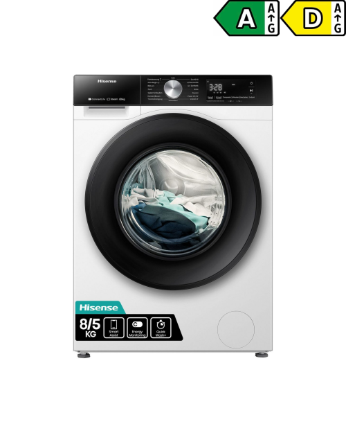 Hisense 8/5 kg, WD3S8043BW3 – Mașină de spălat rufe cu uscător Clasa A/D, Steam, Wi-Fi ConnectLife, import Germania 🇩🇪