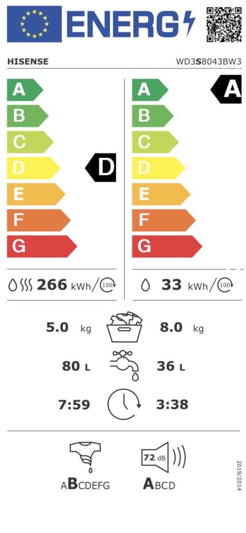 Hisense 8/5 kg, WD3S8043BW3 – Mașină de spălat rufe cu uscător Clasa A/D, Steam, Wi-Fi ConnectLife, import Germania 🇩🇪