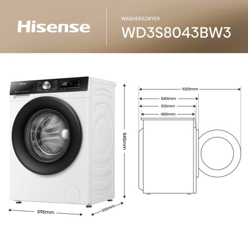 Hisense 8/5 kg, WD3S8043BW3 – Mașină de spălat rufe cu uscător Clasa A/D, Steam, Wi-Fi ConnectLife, import Germania 🇩🇪