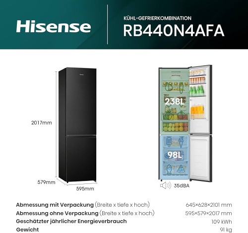 Hisense 336 L, RB440N4AFA – Combină frigorifică, Clasa A, Total No Frost, import Germania 🇩🇪