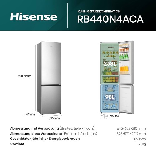 Hisense 336 L RB440N4ACA – Combină frigorifică, Clasa A, Total No Frost, import Germania 🇩🇪