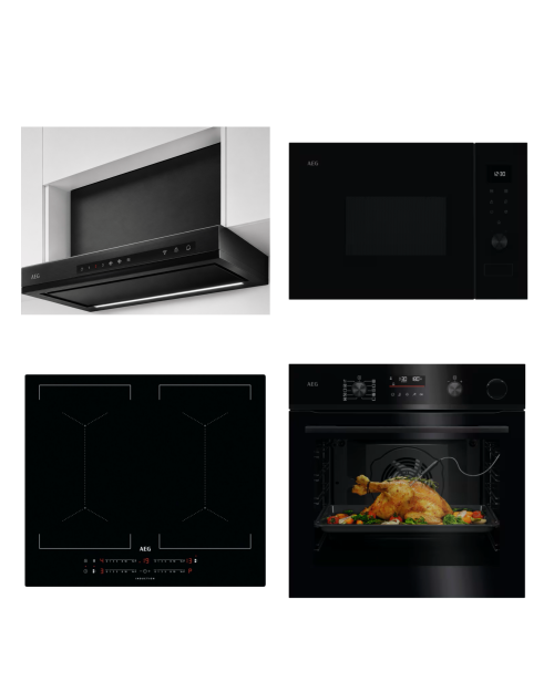 AEG – Set premium 4 aparate încorporabile (Cuptor + Plită cu inducție + Cuptor cu microunde + Hotă telescopică), import Germania 🇩🇪