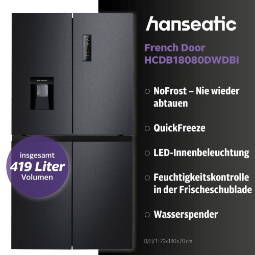 Hanseatic 419 L, HCDB18080DWDBI – Frigider French Door Clasa D, No Frost, dozator de apă, import Germania 🇩🇪