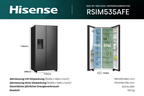 Hisense 566L, RSIM535AFE – Frigider Side by Side Clasa E, dozator apă și gheață, No Frost, import Germania 🇩🇪