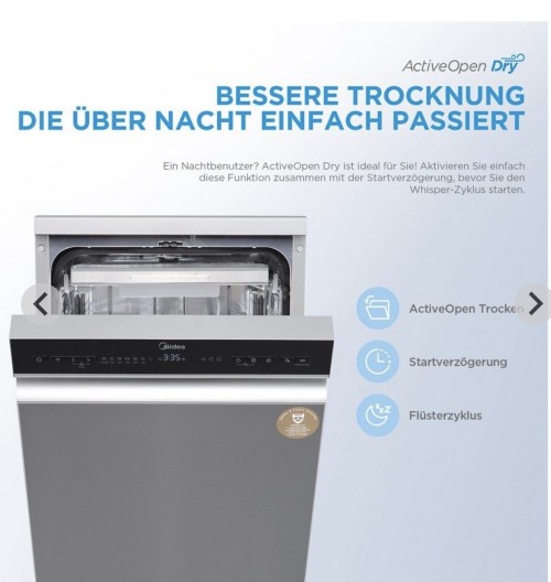 Midea 10 seturi MDWEF1034DSS-WE – Mașină de spălat vase independentă 45 cm, Clasa C, Wi-Fi, ActiveOpen Dry, import Germania 🇩🇪