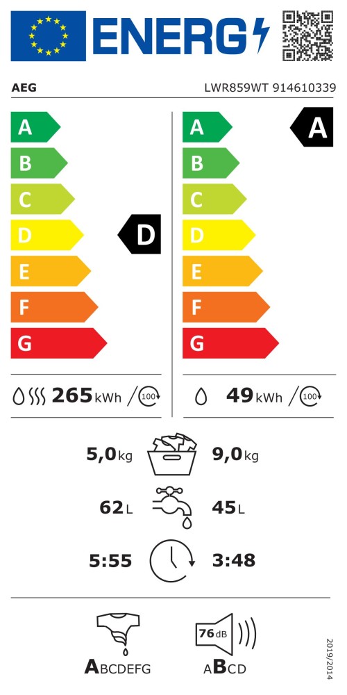 AEG 9 kg / 5 kg LWR859WT – Mașină de spălat cu uscător Clasa A/D, ProSteam, ProSense, import Germania 🇩🇪