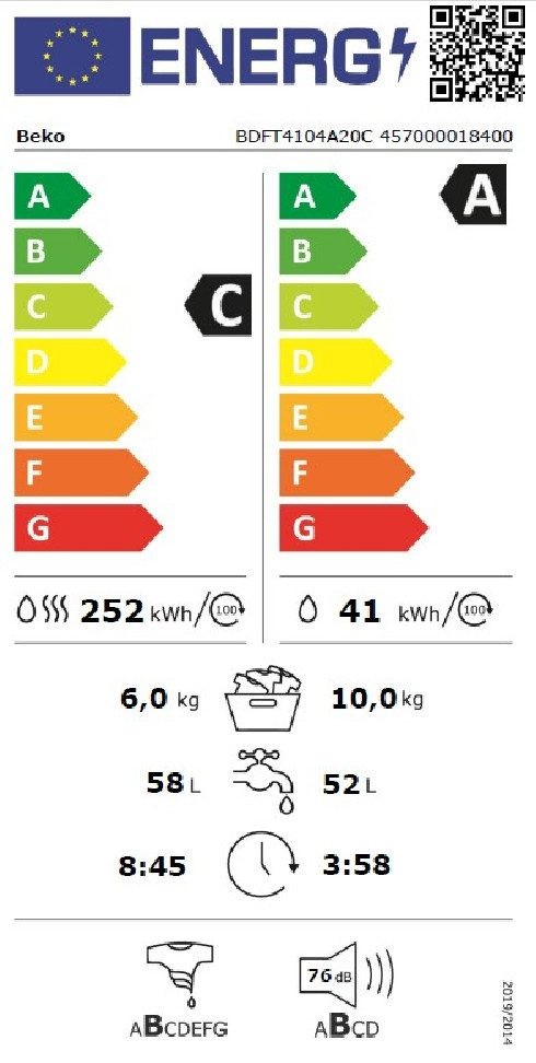 Beko 10/6 KG, BDFT4104A20C – Mașină de spălat cu uscător Clasa A/C, SteamCure, IronFinish, import Germania 🇩🇪