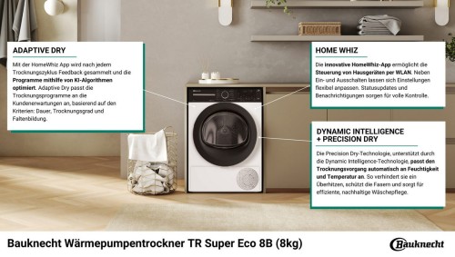 Bauknecht 8 KG, TR Super Eco 8B – Uscător de rufe Clasa B, pompă de căldură, HomeWhiz Wi-Fi, import Germania 🇩🇪