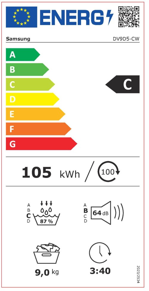Samsung 9 kg, DV9D5-CW – Uscător rufe Clasa C, pompă de căldură, Wi-Fi SmartThings, OptimalDry, import Germania 🇩🇪