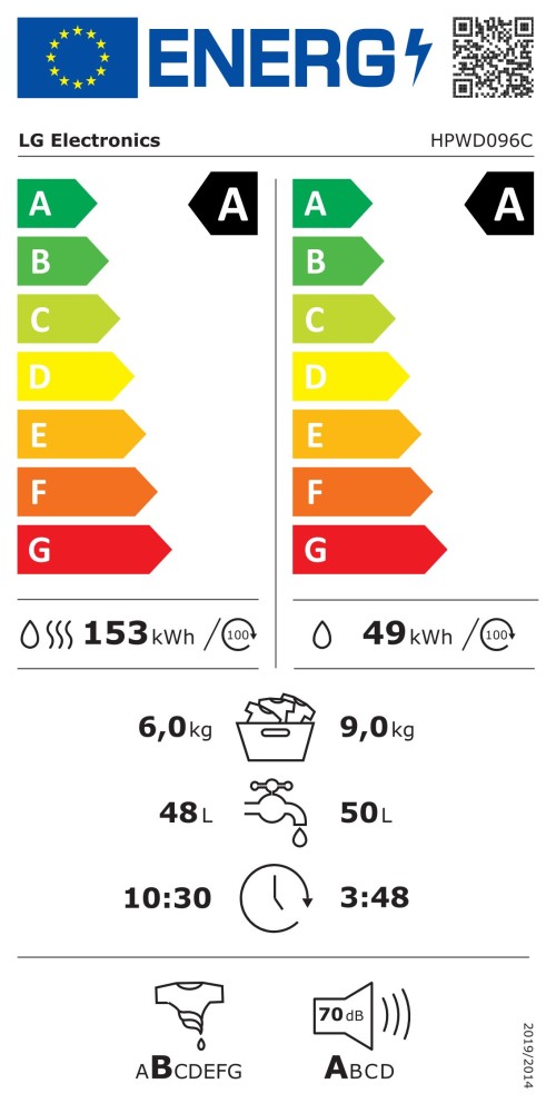 LG 9/6 kg HPWD096C – Mașină de spălat cu uscător cu pompă de căldură, Clasa A/A, AI Wash+Dry, Direct Drive, import Germania 🇩🇪