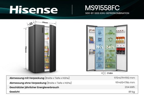 Hisense 544L, MS91558FC – Combină frigorifică Side by Side Clasa C, Total No Frost, Inverter, Super Cool, negru, import Germania 🇩🇪