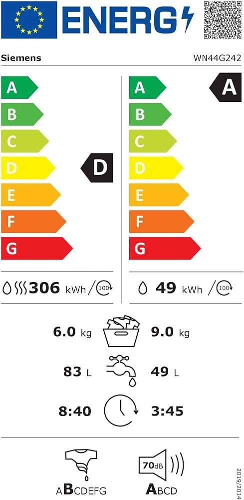 Siemens 9/6 kg, iQ500 WN44G242 – Mașină de spălat cu uscător 1400 rpm, Clasa A/D, smartFinish, AntiStain, import Germania 🇩🇪