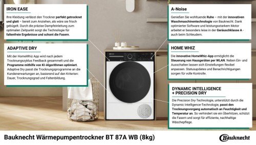 Bauknecht 8 kg, BT 87A WB – Uscător rufe cu pompă de căldură, clasa A, IronEase, Steam Therapy, HomeWhiz – import Germania 🇩🇪