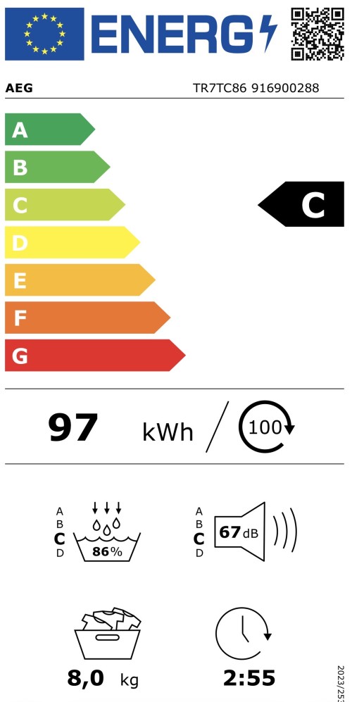 AEG 8 kg, TR7TC86 – Uscător de rufe cu pompă de căldură, clasa C, SensiDry & ProSense – import Germania 🇩🇪
