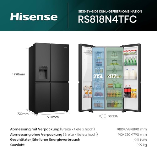 Hisense 632 L, RS818N4TFC – Combină frigorifică Side-by-Side Total No Frost, Wi-Fi, dozator apă & gheață, clasa C – import Germania 🇩🇪