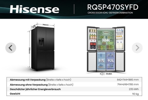 Hisense RQ5P470SYFD – Combină frigorifică French Doors, Multi Door 4 uși, 483 L, Total No Frost, My Fresh Choice, Wi-Fi, apă & gheață, Clasa D – import Germania 🇩🇪