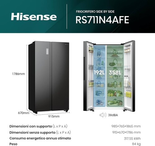 Hisense 550 L, RS711N4AFE – Frigider/Combina frigorifică Side-by-Side Total No Frost, Inverter, Freezer Convert, clasa E, Black Inox, import Germania 🇩🇪