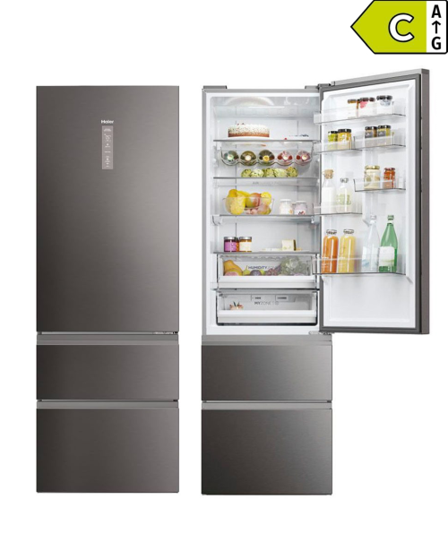 Haier 414 L, HTW5620CNMP – Combină frigorifică 3D, Clasa C, Total No Frost, Wi-Fi, Dark Inox, import Germania 🇩🇪