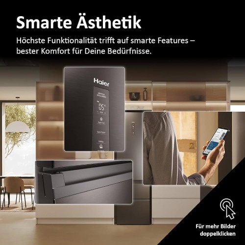 Haier 414 L, HTW5620CNMP – Combină frigorifică 3D, Clasa C, Total No Frost, Wi-Fi, Dark Inox, import Germania 🇩🇪