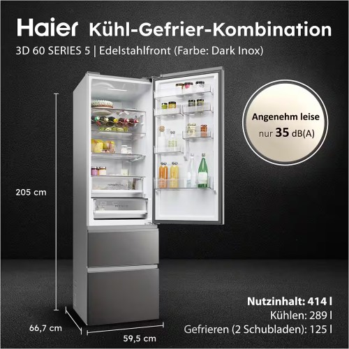 Haier 414 L, HTW5620CNMP – Combină frigorifică 3D, Clasa C, Total No Frost, Wi-Fi, Dark Inox, import Germania 🇩🇪