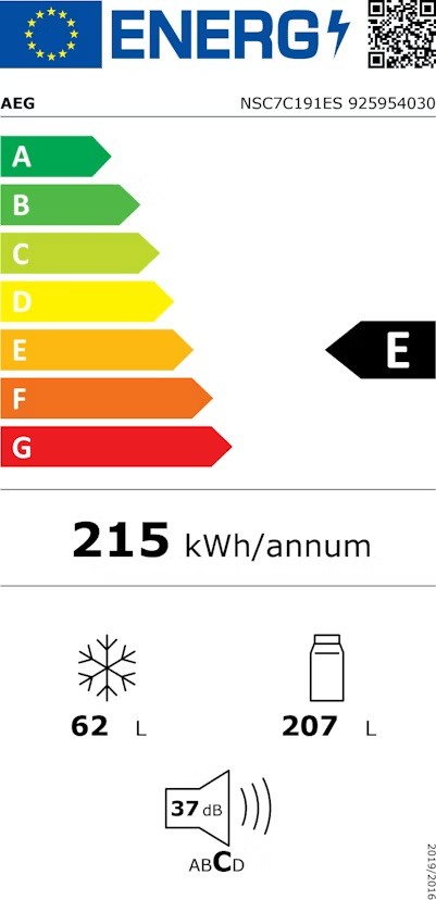 AEG 269 L, NSC7C191ES – Combină frigorifică încorporabilă Clasa E, AI CoolAssist®, TwinTech® Total No Frost, MultiFlow
