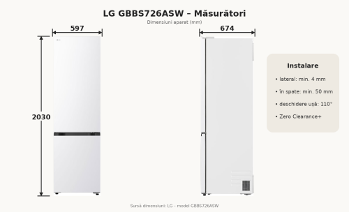 LG 375L, GBBS726ASW – combină frigorifică Total No Frost, clasa A, Wi-Fi, import Germania 🇩🇪