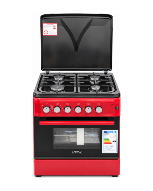 VOV 57cm, VCF5757EF-R – Aragaz 4 arzătoare gaz + cuptor electric ventilat 53 L, clasa A, roșu