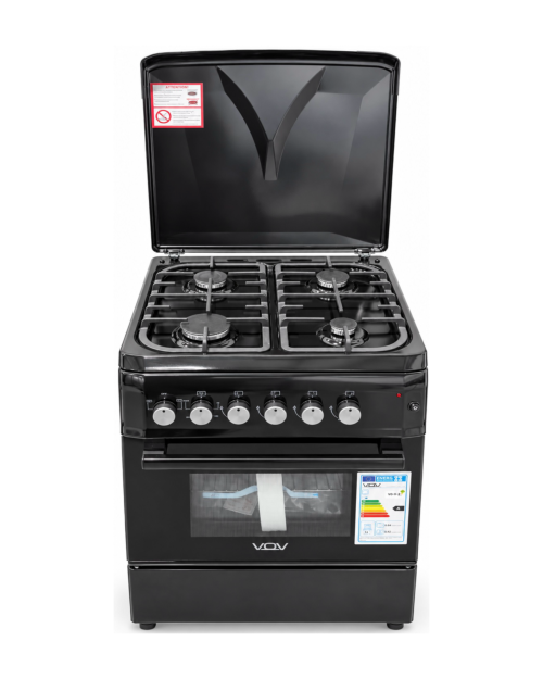 VOV 57cm, VCF5757EF-BLK – Aragaz 4 arzătoare gaz + cuptor electric ventilat 53 L, clasa A, negru
