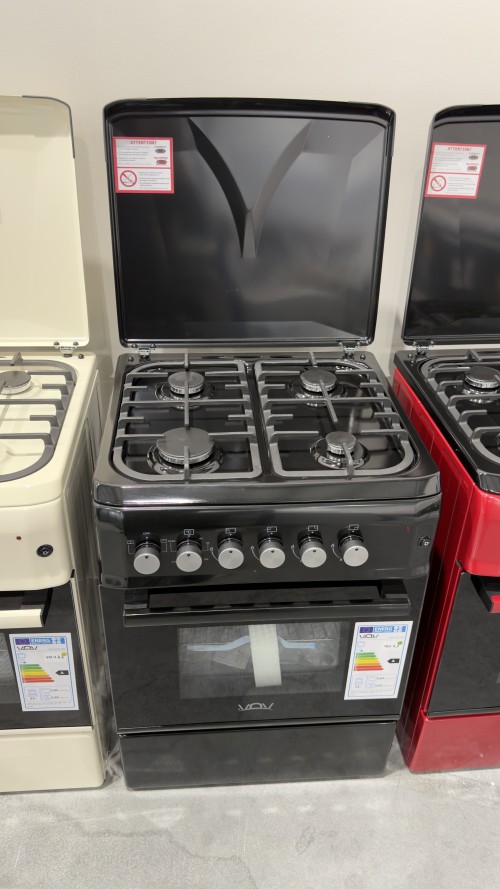 VOV 57cm, VCF5757EF-BLK – Aragaz 4 arzătoare gaz + cuptor electric ventilat 53 L, clasa A, negru