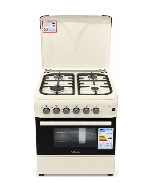 VOV 57cm, VCF5757EF-CRM – Aragaz 4 arzătoare gaz + cuptor electric ventilat 53 L, clasa A, crem
