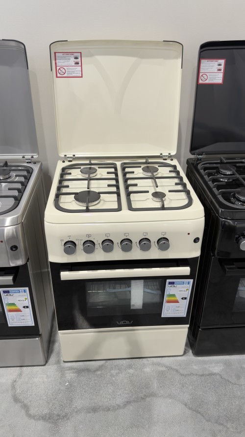 VOV 57cm, VCF5757EF-CRM – Aragaz 4 arzătoare gaz + cuptor electric ventilat 53 L, clasa A, crem