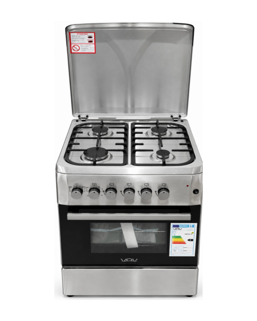 VOV 57cm, VCF5757EF-INOX – Aragaz 4 arzătoare gaz + cuptor electric ventilat 53 L, clasa A, Inox