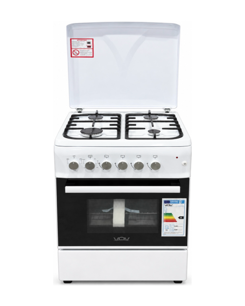 VOV 57cm, VCF5757EF-W – Aragaz 4 arzătoare gaz + cuptor electric ventilat 53 L, clasa A, alb