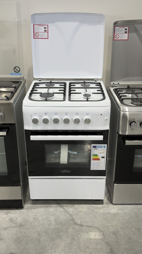 VOV 57cm, VCF5757EF-W – Aragaz 4 arzătoare gaz + cuptor electric ventilat 53 L, clasa A, alb