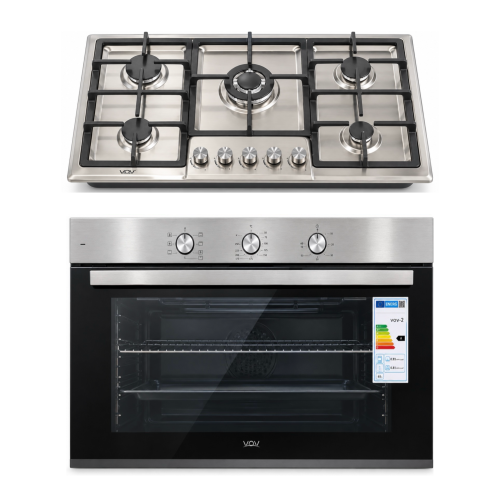 VOV VEBF9026SS-7F + VGH90-5001S – Set cuptor electric 90 cm, 132 L + plită gaz 90 cm, 5 arzătoare, Clasa A
