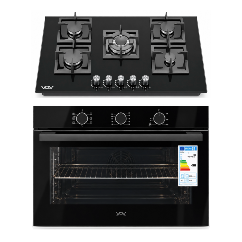 VOV VEBF9026BK-7F + VGH90-5014GLBK – Set cuptor 90 cm 132 L + plită gaz 90 cm, 5 arzătoare, sticlă neagră, Clasa A