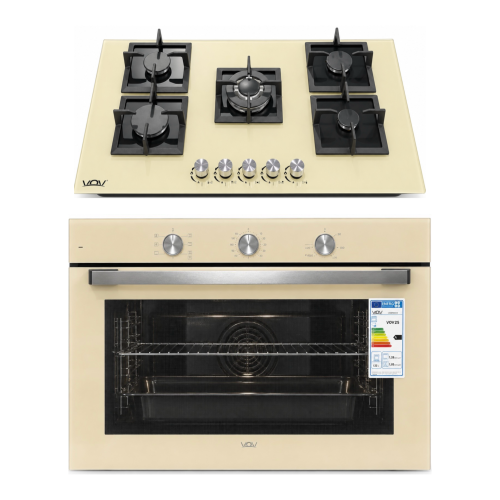 VOV VEBF9026CM-7F + VGH90-5014GLY – Set cuptor 132 L + plită gaz 90 cm, 5 arzătoare, Clasa A, crem