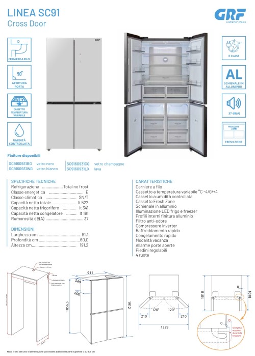 GRF 522 L SC9160931BG – combină frigorifică Cross Door 4 uși, Total No Frost, Inverter, Flex Temp -4/0/+4°C, Slot-In 60 cm, clasa E, negru mat