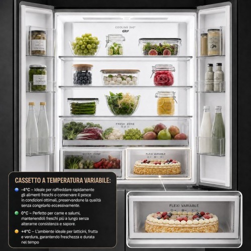 GRF 485 L SLC836091CG1 – Cross Door 4 uși, Total No Frost, Inverter, Flex Temp -4/0/+4°C, Cooling 360°, Slot-In 60 cm, Vetro Champagne, clasa E