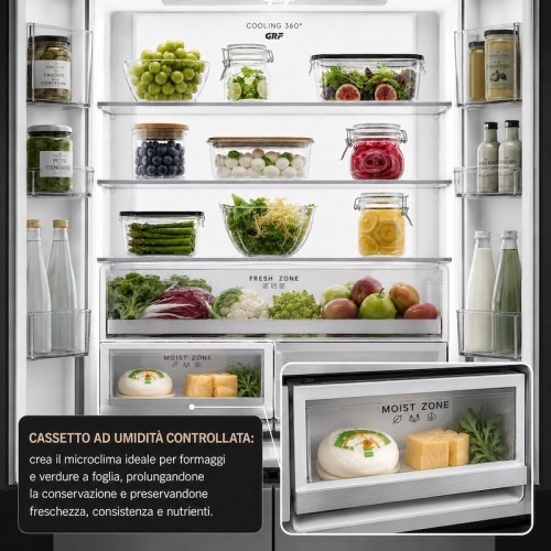 GRF 485 L SLC836091CG1 – Cross Door 4 uși, Total No Frost, Inverter, Flex Temp -4/0/+4°C, Cooling 360°, Slot-In 60 cm, Vetro Champagne, clasa E