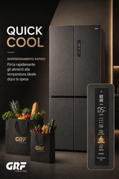 GRF 485 L SLC836091CG1 – Cross Door 4 uși, Total No Frost, Inverter, Flex Temp -4/0/+4°C, Cooling 360°, Slot-In 60 cm, Vetro Champagne, clasa E