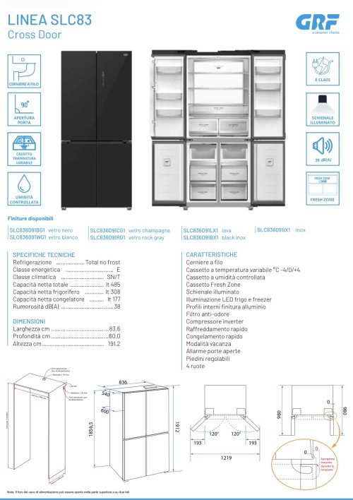 GRF 485 L SLC836091CG1 – Cross Door 4 uși, Total No Frost, Inverter, Flex Temp -4/0/+4°C, Cooling 360°, Slot-In 60 cm, Vetro Champagne, clasa E