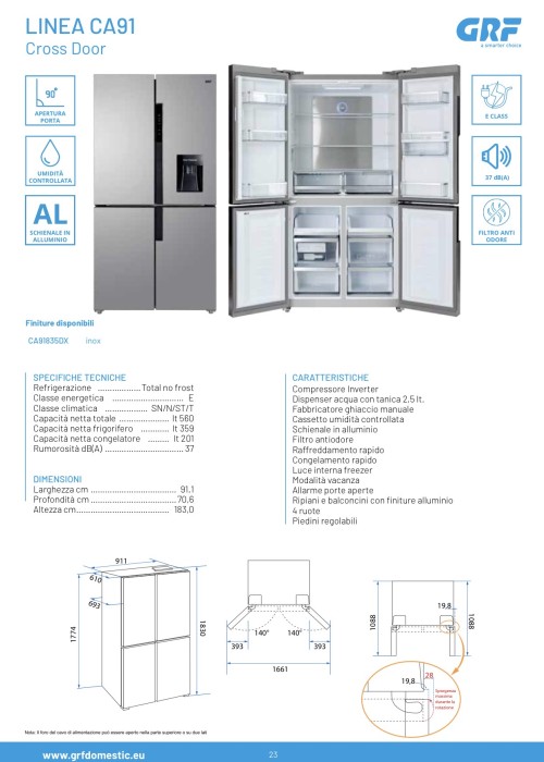 GRF 560 L CA91835DX – frigider Cross Door 4 uși, Total No Frost, dispenser apă 2,5 L, Inverter, Clasa E