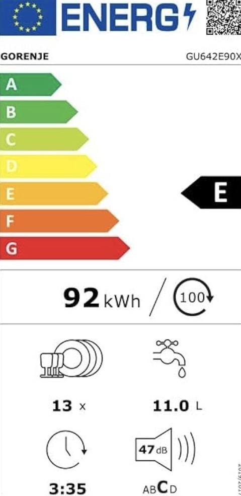 Gorenje 13 seturi GU642E90X – Mașină de spălat vase sub blat, Clasa E, SpeedWash 15 min, AquaStop, inox
